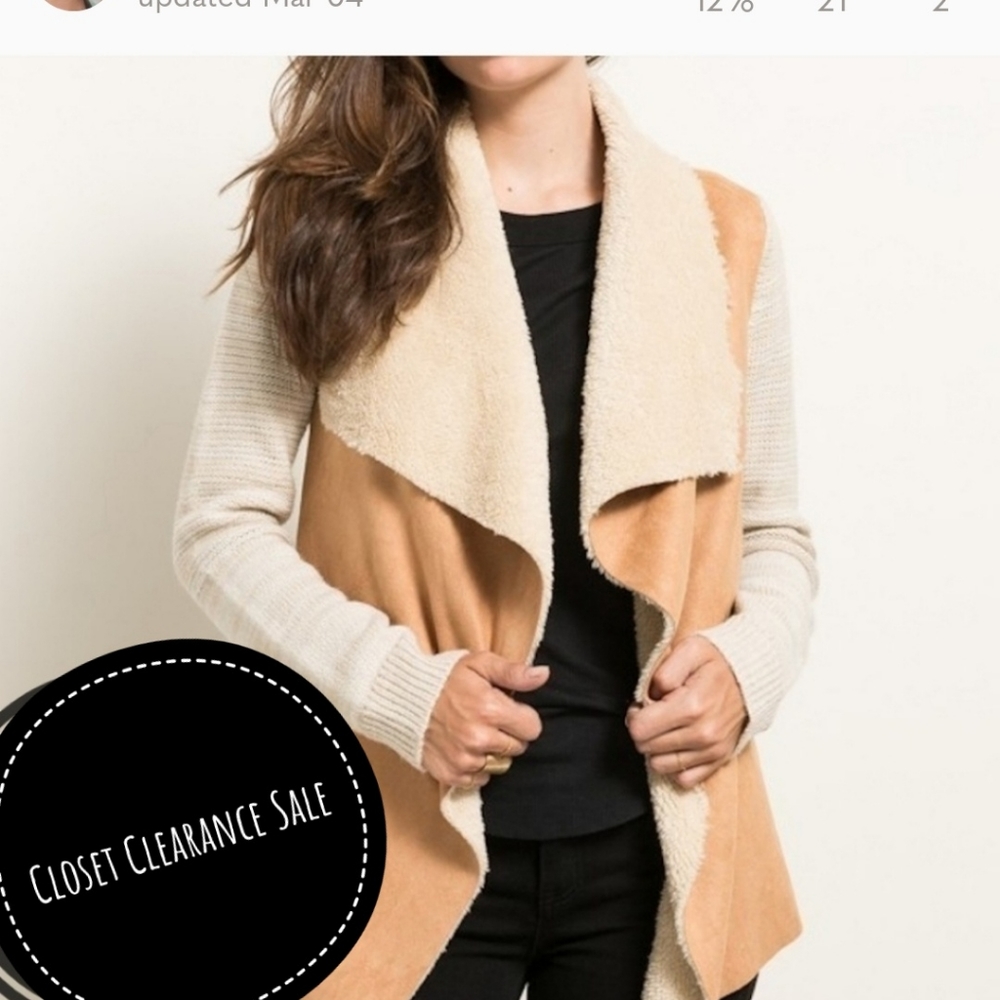 SHERPA FUR LINED SUEDE VEST SWEATER SLEEVE JACKET - Picture 1 of 8
